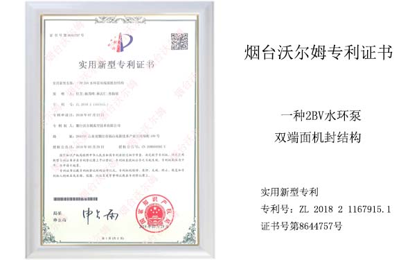 沃爾姆專利證書:一種2BV水環(huán)泵雙端面機封結(jié)構(gòu) 沃爾姆專利證書:一種2BV水環(huán)泵雙端面機封結(jié)構(gòu)